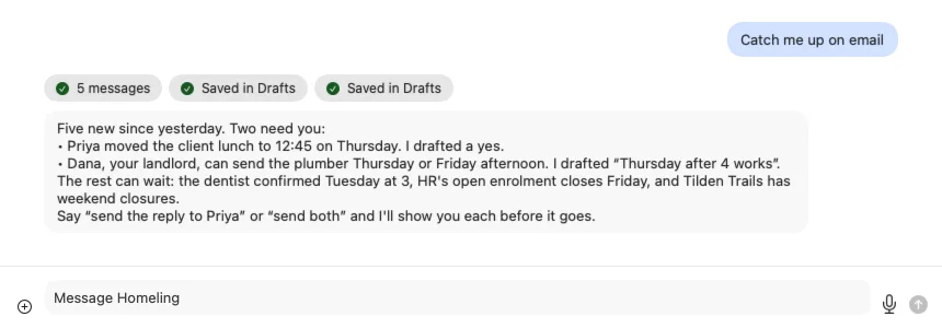 A chat with Homeling after “Catch me up on email”: five new messages summarised, the two that need a reply with drafts saved, and the three that can wait.